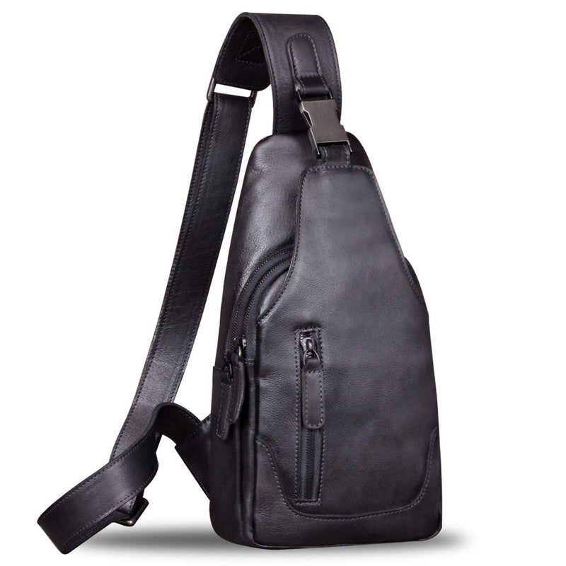 IVTG Genuine Leather Sling Bag for Men Chest Shoulder Crossbody Hiking Backpack Vintage Handmade Daypack (Black) - Image 1